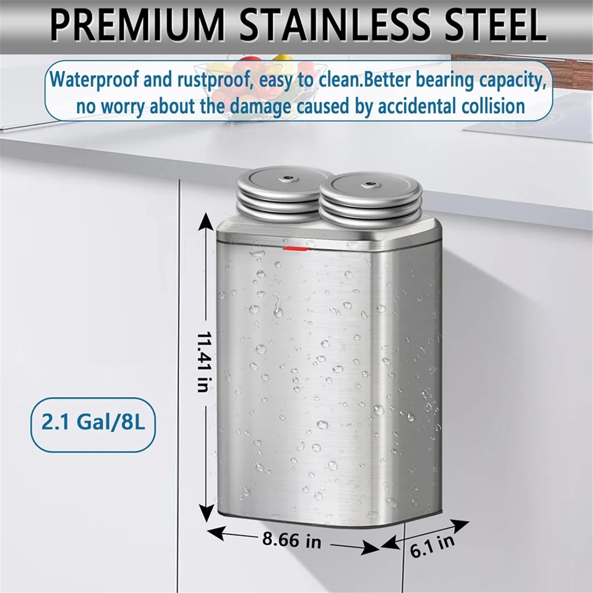 HITL Hanging Kitchen Stainless-Steel Small Trash Can with Lid, 2-In- Compost Bin for Counter Top & , 8L