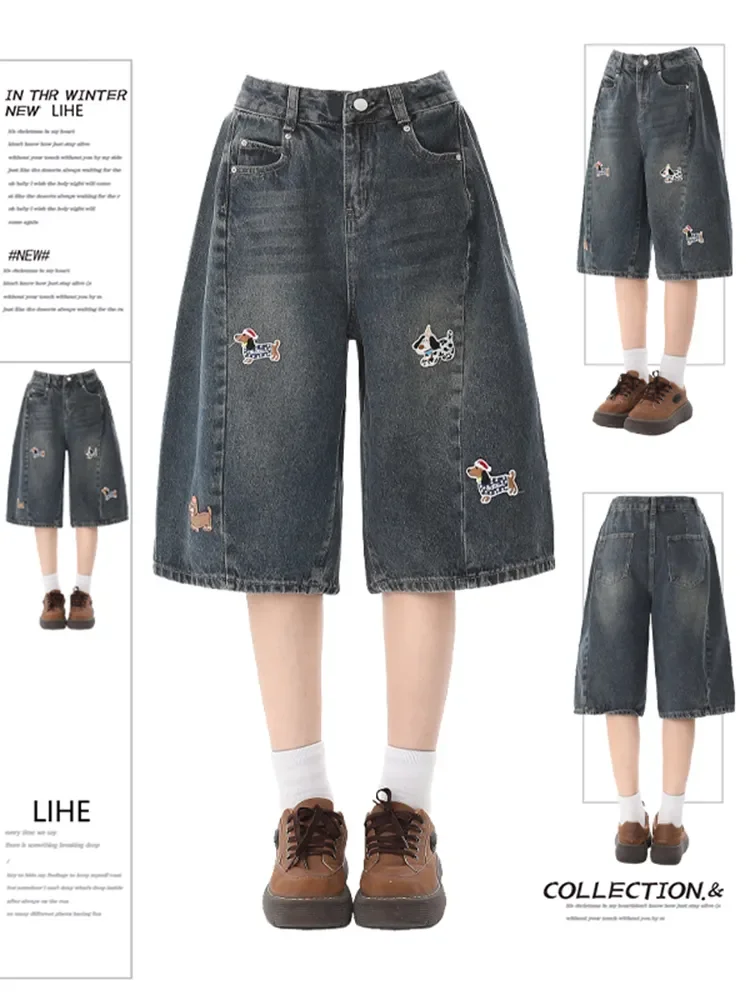 

2025 Summer Vintage Washed Style embroidered Street Y2K Bermuda Jeans Knee Length Denim Jorts Casual Shorts Cropped Trousers