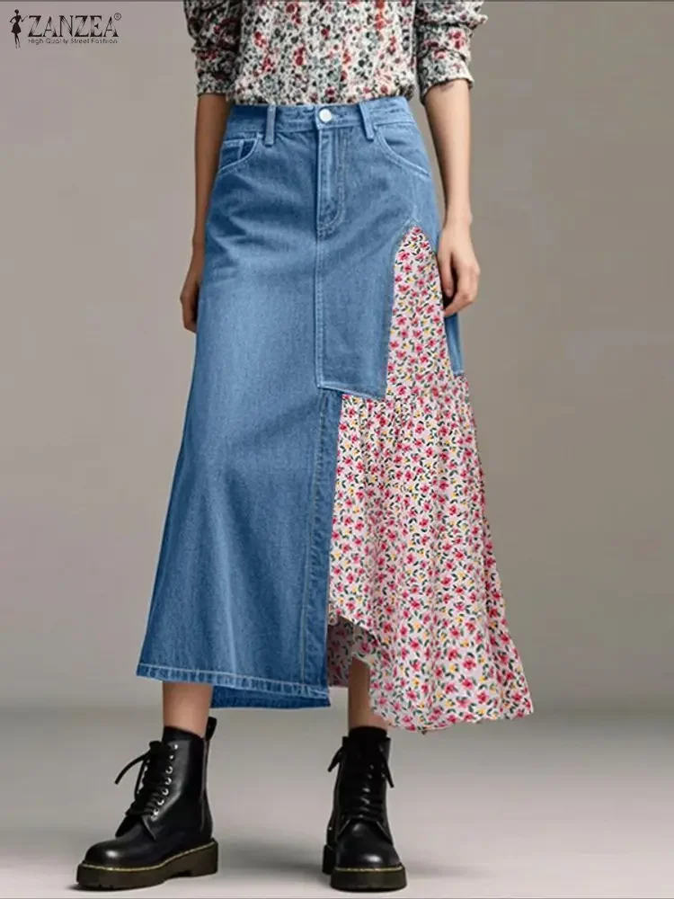 

ZANZEA, осенние длинные юбки, женские модные макси-юбки, 2022, джинсовые лоскутные юбки с цветочным принтом, повседневные свободные элегантные OL Jupes Faldas Saia