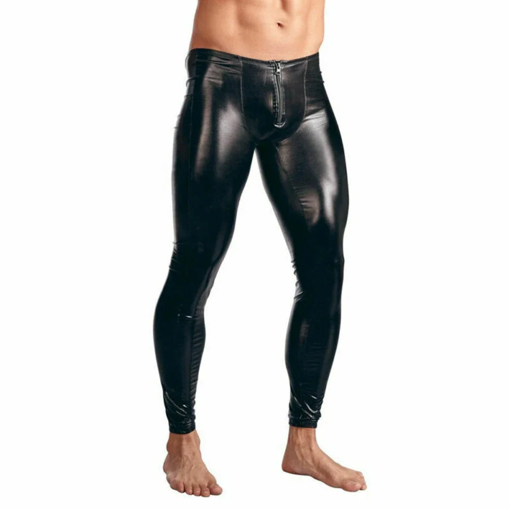 Sexy homem preto molhado olhar calças de couro do plutônio bolsa fina zip apertado leggings clube festa usar calças para roupas masculinas