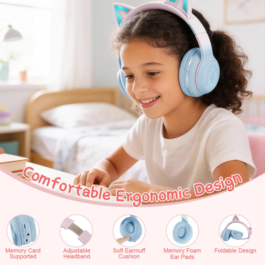 

Light-up cat ear over-ear Bluetooth children headphones , BT 5.1, HiFi, HD mic, lightweight and soft , learning and travel.
