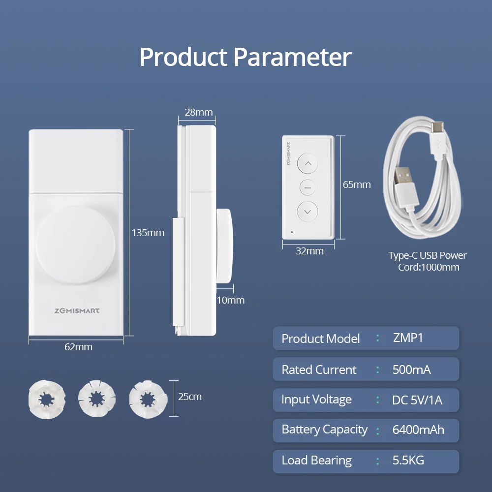 Zemismart Zigbee slimme oplaadbare rolgordijndriver met knopbediening, instelbare snelheid, werkt met Tuya-app Alexa Google Home
