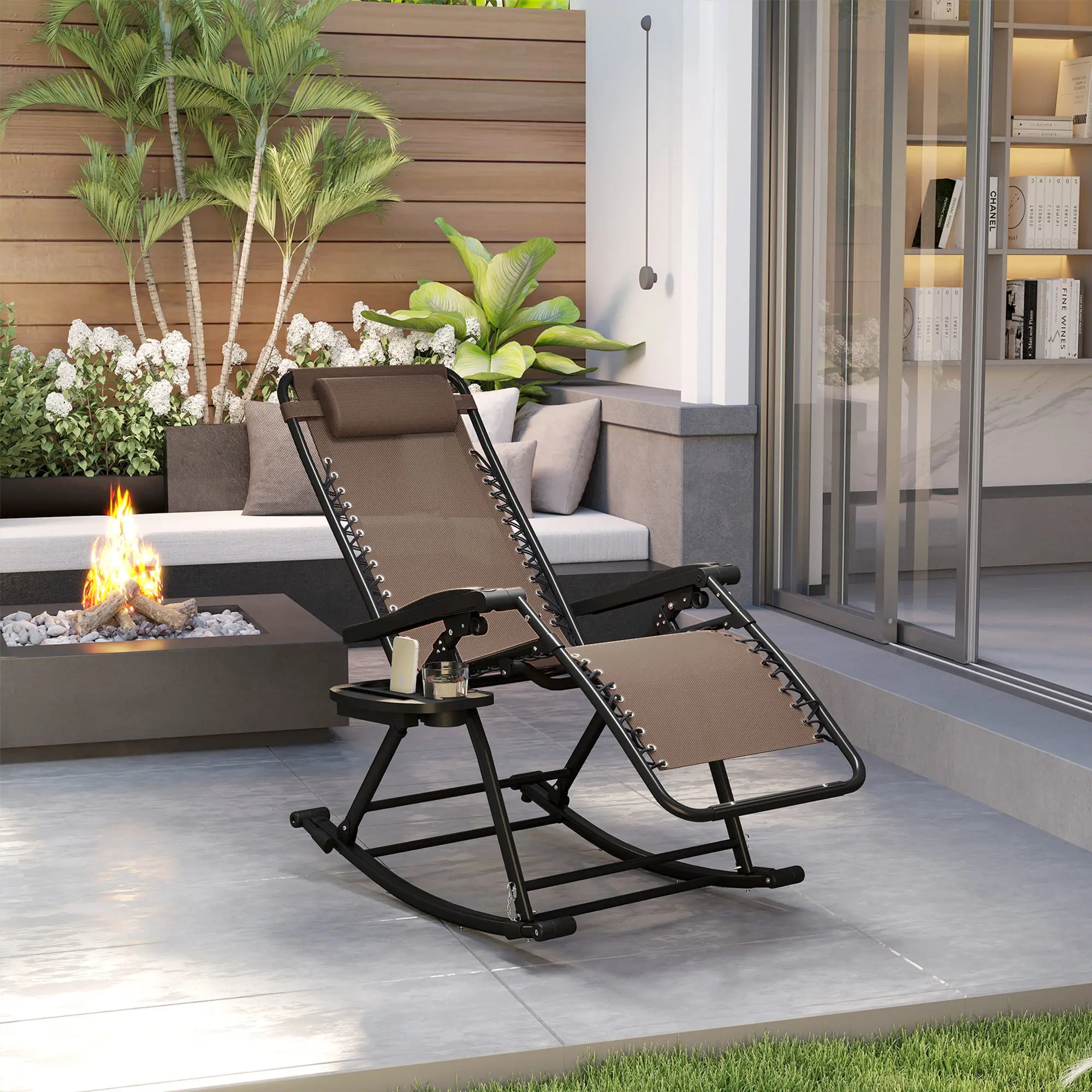 Outdoor Rocking Chairs, Foldable Reclining Zero Gravity Lounge Rocker with Pillow, Cup & Phone Holder, Combo Design with Foldin