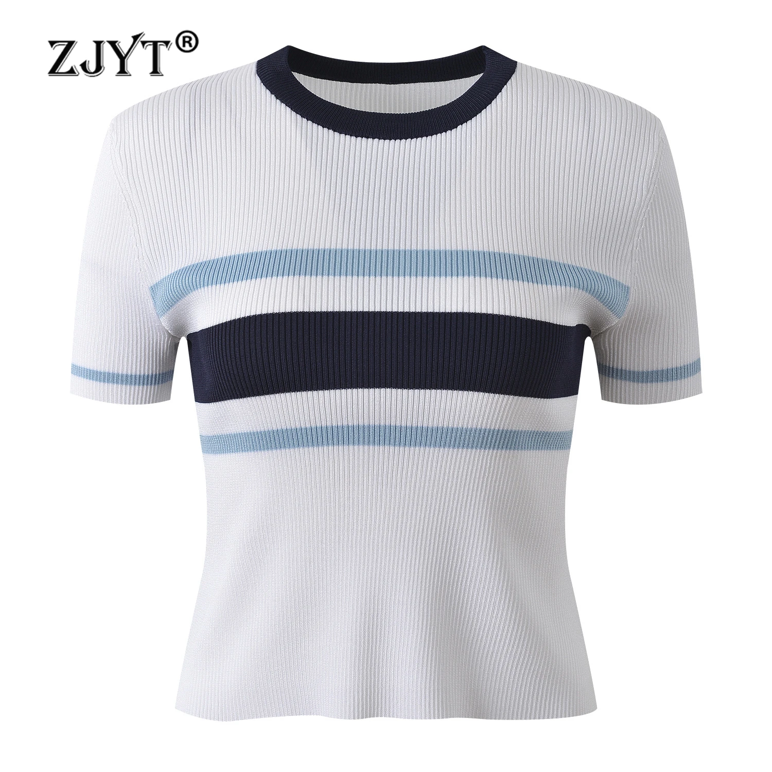 

ZJYT Summer O Neck Striped Knit Tops Pullovers Sweaters Women Elegant Short Sleeve Casual Knitwears Jersey Jumper White Blue