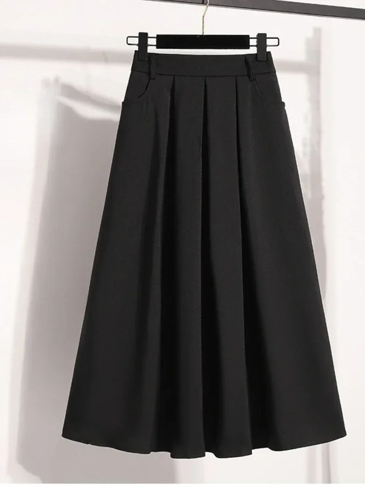 

New Solid Color Versatile Medium Length Skirt Pleated A-Line Maxi Gown Cover Hip Spring Summer 2025 Style Half-length Skirt