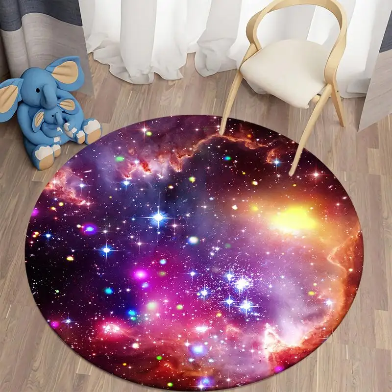Cosmic Galaxy Round Area Rug, Outer Space Planet Non-Slip Floor Mat, Decorative Carpet for Kids Room Bedroom Kitchen