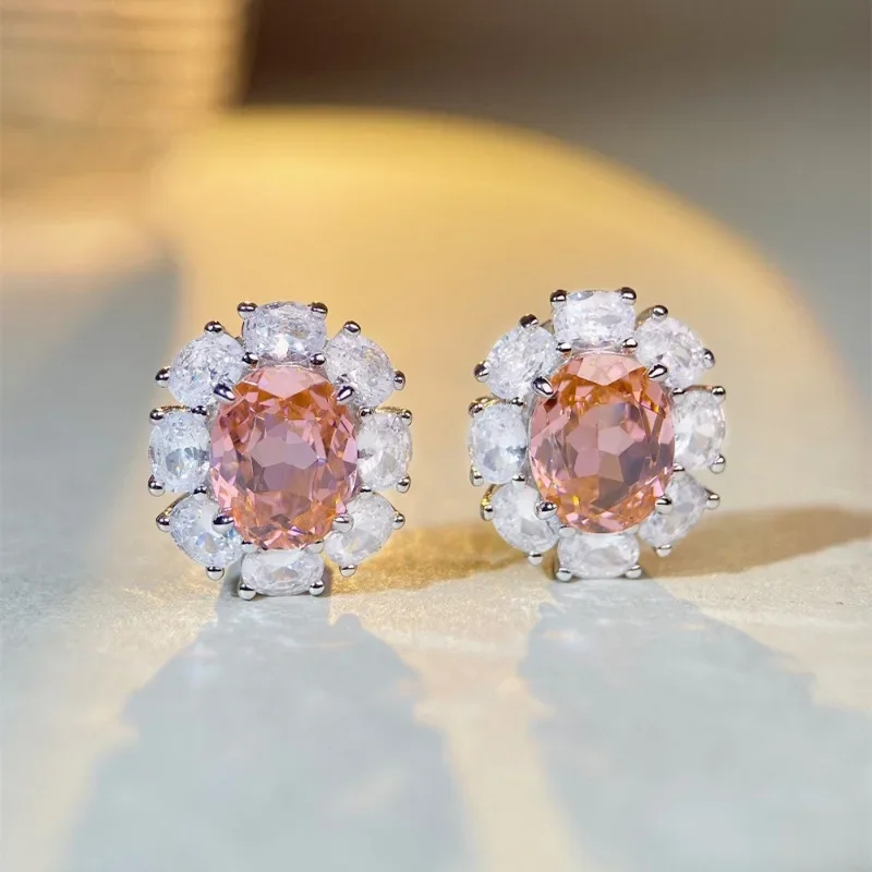 Shining U S925 Silver Padparadscha Gems High Carbon Diamond Stone Earrings for Women Fine Jewelry Gift Banquet