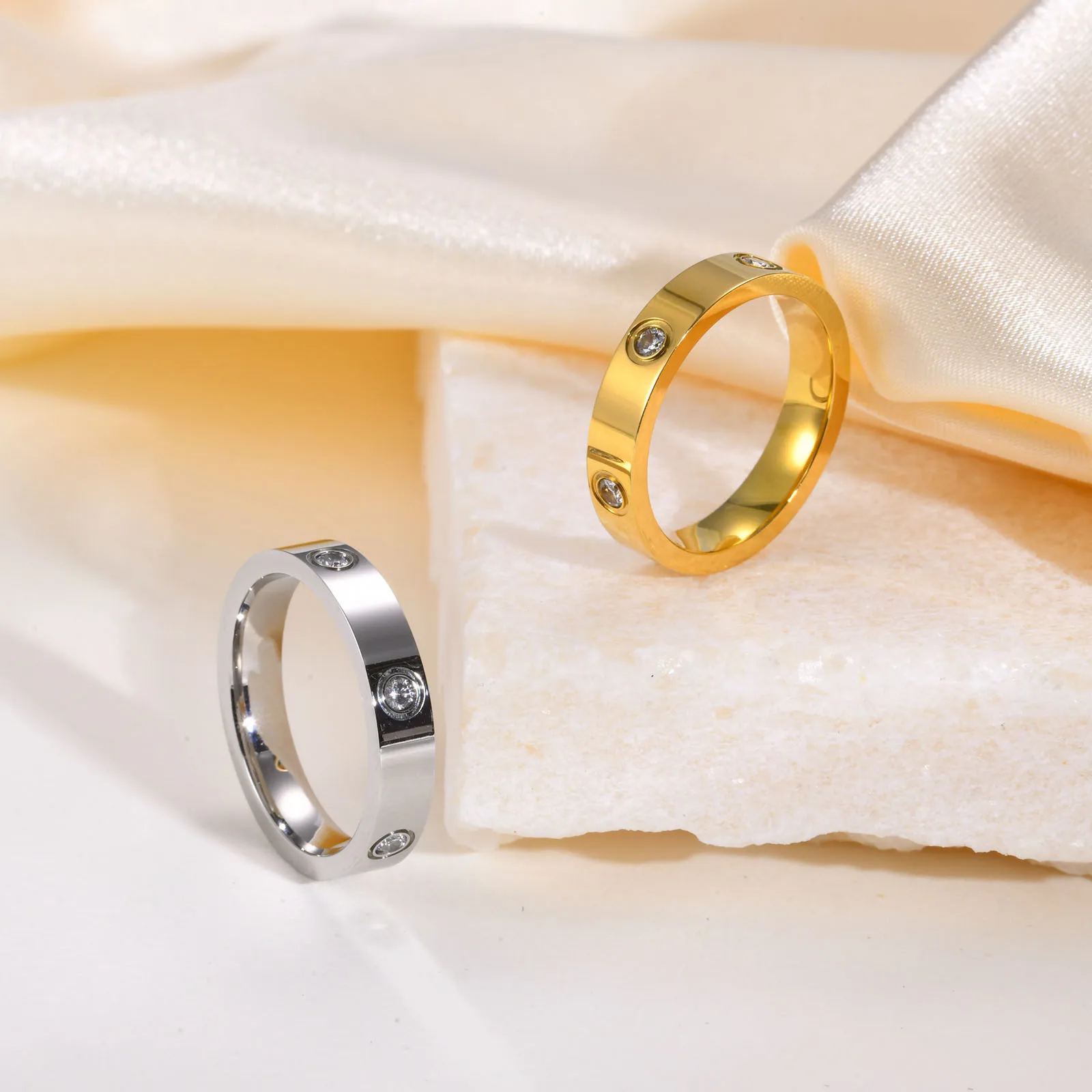 Anéis delicados de promessa de amor de zircônia cúbica para mulheres, joias de aliança de casamento de aço inoxidável banhado a ouro para meninas