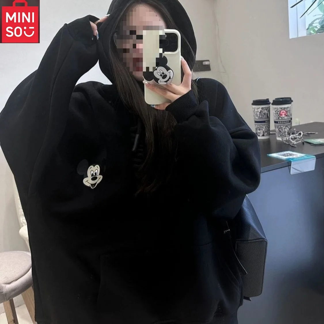 MINISO ديزني الحلو ولطيف ميكي طباعة الأسود مقنعين البلوز للنساء ربيع الخريف الكورية نمط فضفاض تنوعا البلوز #3