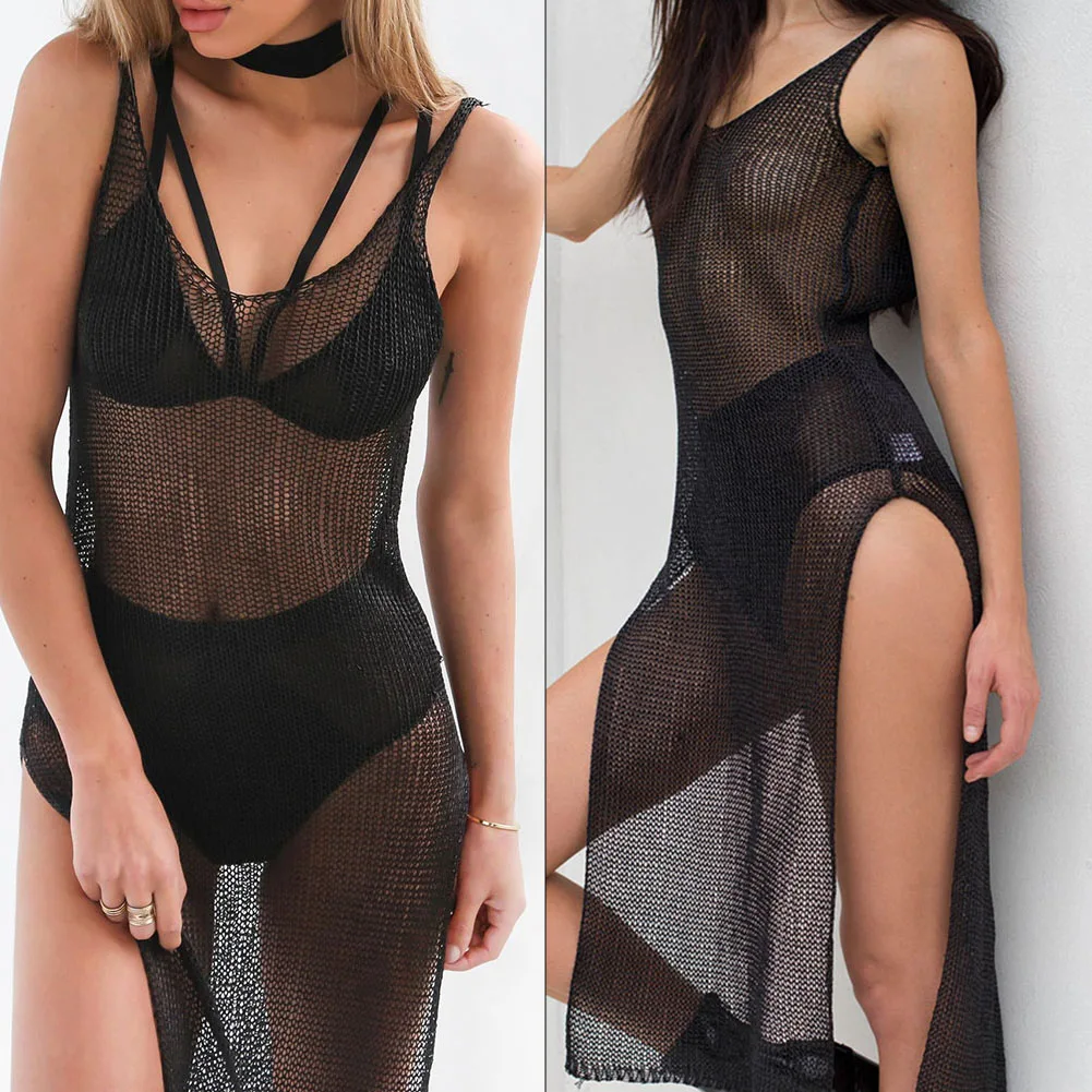 Damska siateczkowa sukienka plażowa Przezroczysta narzutka Dzianinowy strój kąpielowy Bikini Sukienka nocna Stroje kąpielowe Damskie sukienki w jednolitym kolorze na imprezę do klubu