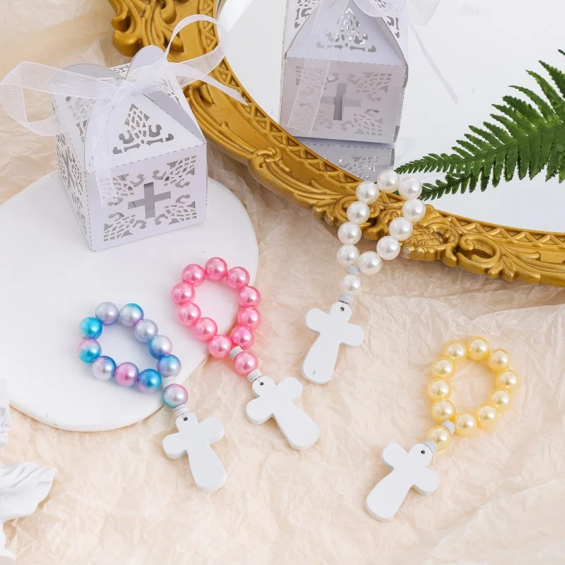 

6/12/18PCS Acrylic Rosary Bulk Catholic with Crucifix Wooden Cross Pendant with White Mesh Bags for Baptism First Communion