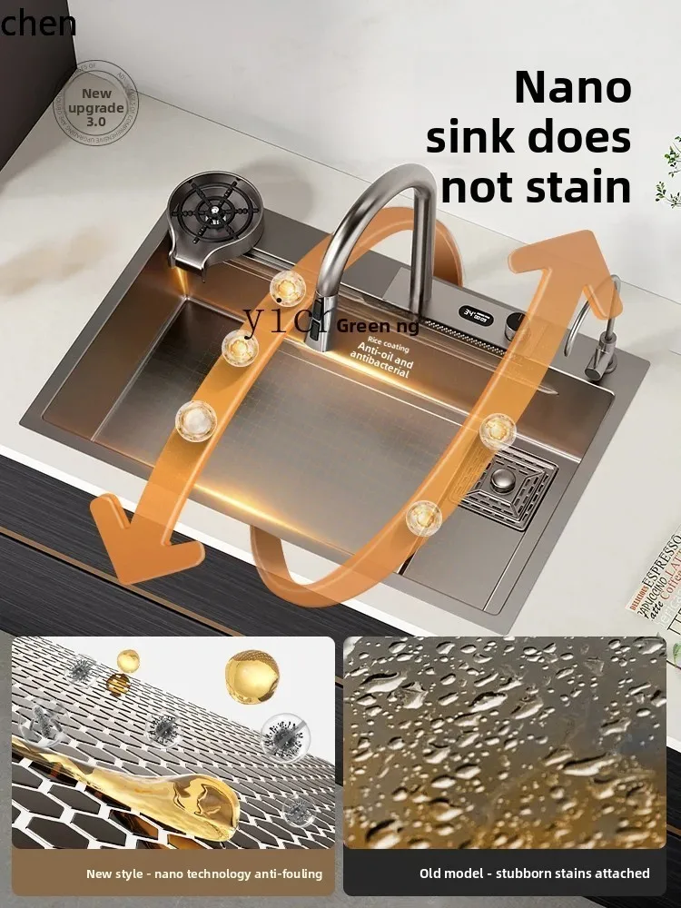 YFY  Stainless Steel Nano Kitchen Waterfall Sink Household Large Single Sink Handmade Washing Basin Drop-in Sink Dishwashing
