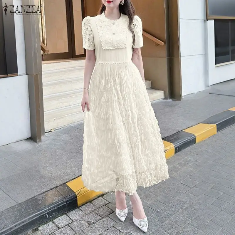 ZANZEA-Vestidos largos acampanados de malla y encaje para mujer, vestido largo elegante para fiesta de invitados de boda, manga corta abombada, cintura ajustada 3XL