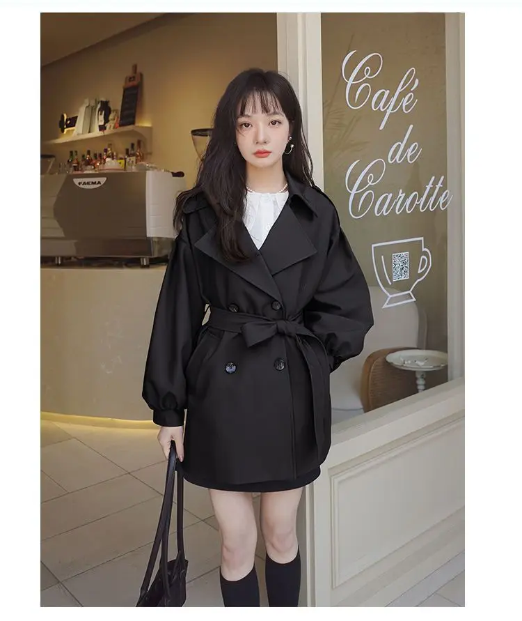 

2026 Fashion Black Khaki Short Trench Coat Women Double-Breasted Windbreaker Lady Outerwear Casual Loose Tops