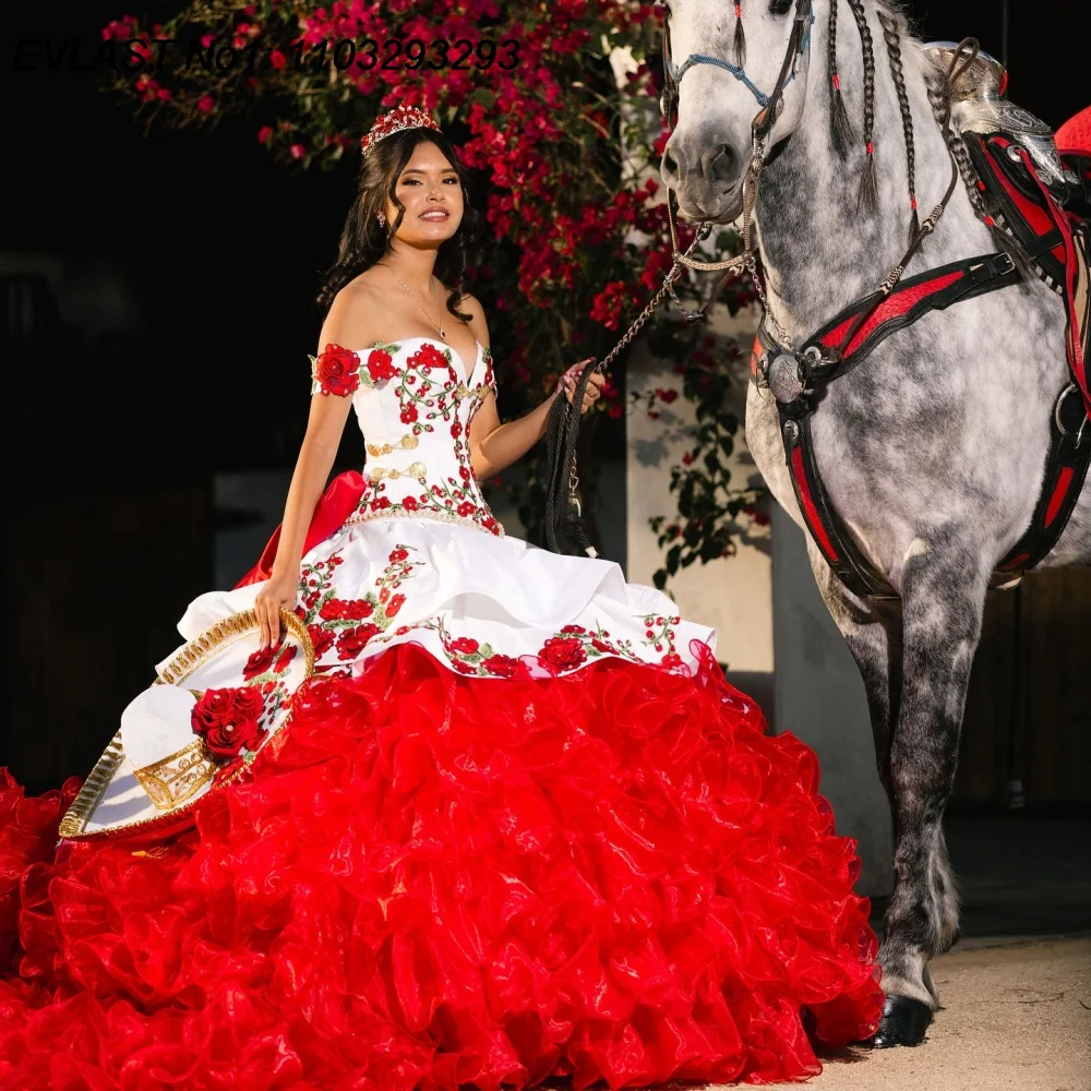 

EVLAST Customized Glitter Red White Ball Gown Quinceanera Dress Embroidery Applique Beading Sweet 16 Vestidos De 15 Anos E1QN287