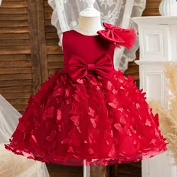 Baby Girl Party Dress 2024 Summer New 3D Butterfly Mesh Children's Dress Toddler Kids 1st Birthday Baptism Gown Bridesmaid Dress