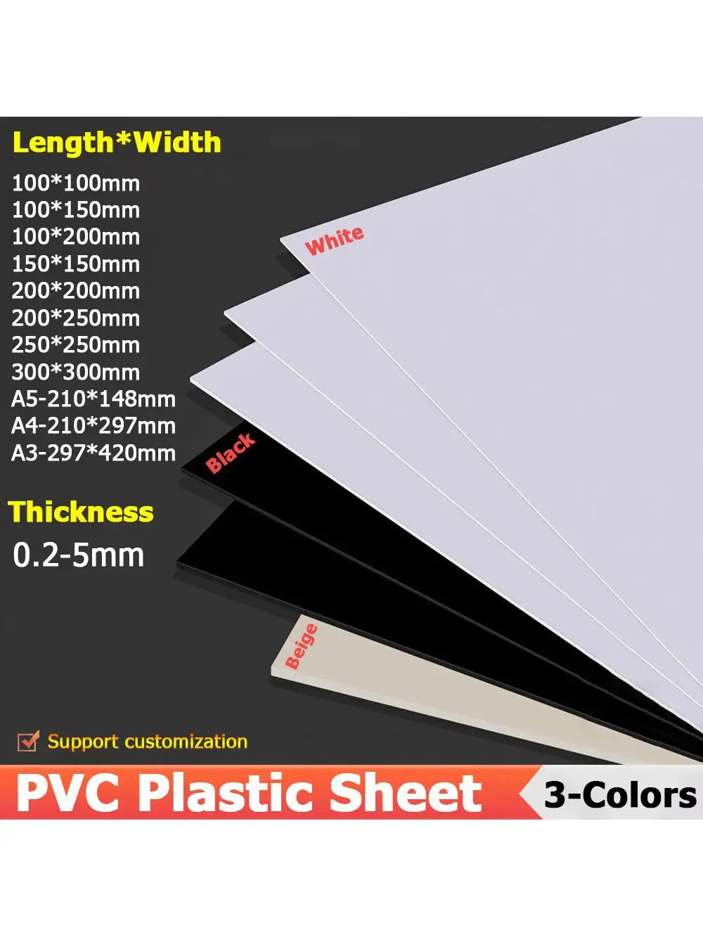 Feuille de plastique PVC épaisse 0.2-1mm, panneau dur blanc/noir, modèle fait à la main, plaque de panneau 100x100 100x150 200x200 300x300mm, 2 à 10 pièces