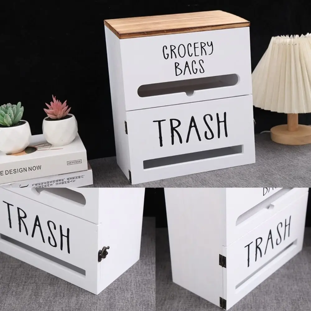 Wall Mounted Trash Bag Dispenser Wood 2 in 1 Garbage Bag Container Kitchen Organizer Storage Box Toilet Roll Paper Holder