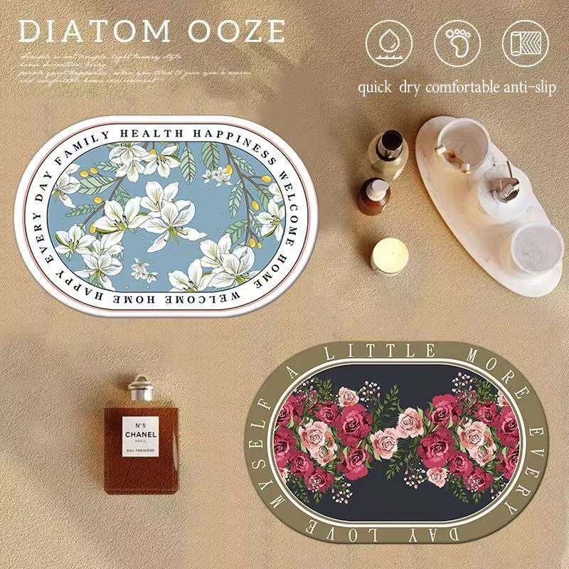 

Oval Garden Floral Floor Mat Soft Diatom Mud Bath Rug Absorbent Non-slip Bathroom Rug Door Mat Toilet Rug Bathroom Decoration