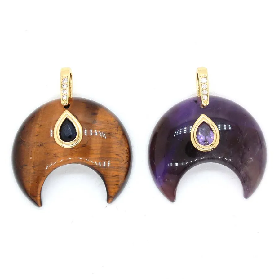 Charms Natural Healing Crystal Moon Pendants Inlaid Zircon For Women DIY Necklace Amethyst Rose Quartz Choice Men Jewelry Making
