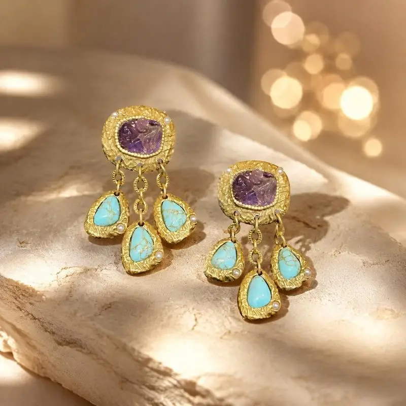Bohemian Water Drop Earrings Purple Crystal Turquoise Gold Plated Jewelry for Women Wedding Guest Wear