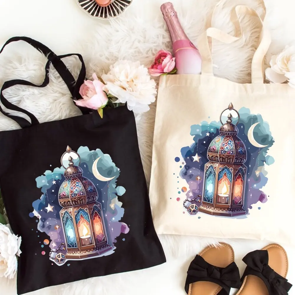 Aesthetic Ramadan Tote Bag Eid Gift for Muslim Ramadan Mubarak Printed Handbag Large Capacity Trendy Simple Style Durable