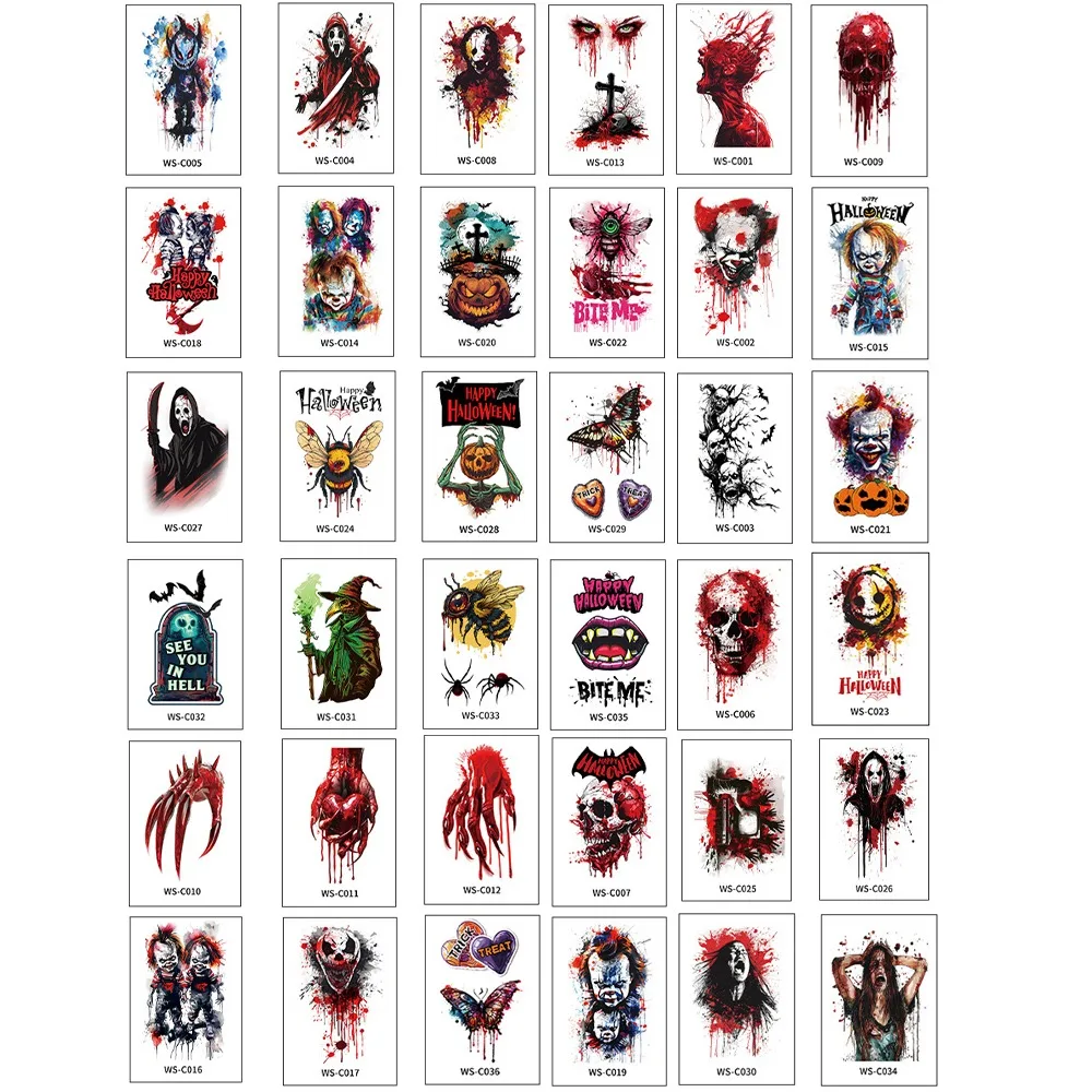 

36Sheets Fake Tatto Halloween Tattoo Stickers Disposable Waterproof Big Mouth Face Sticker Zombie DIY Body Art Stickers