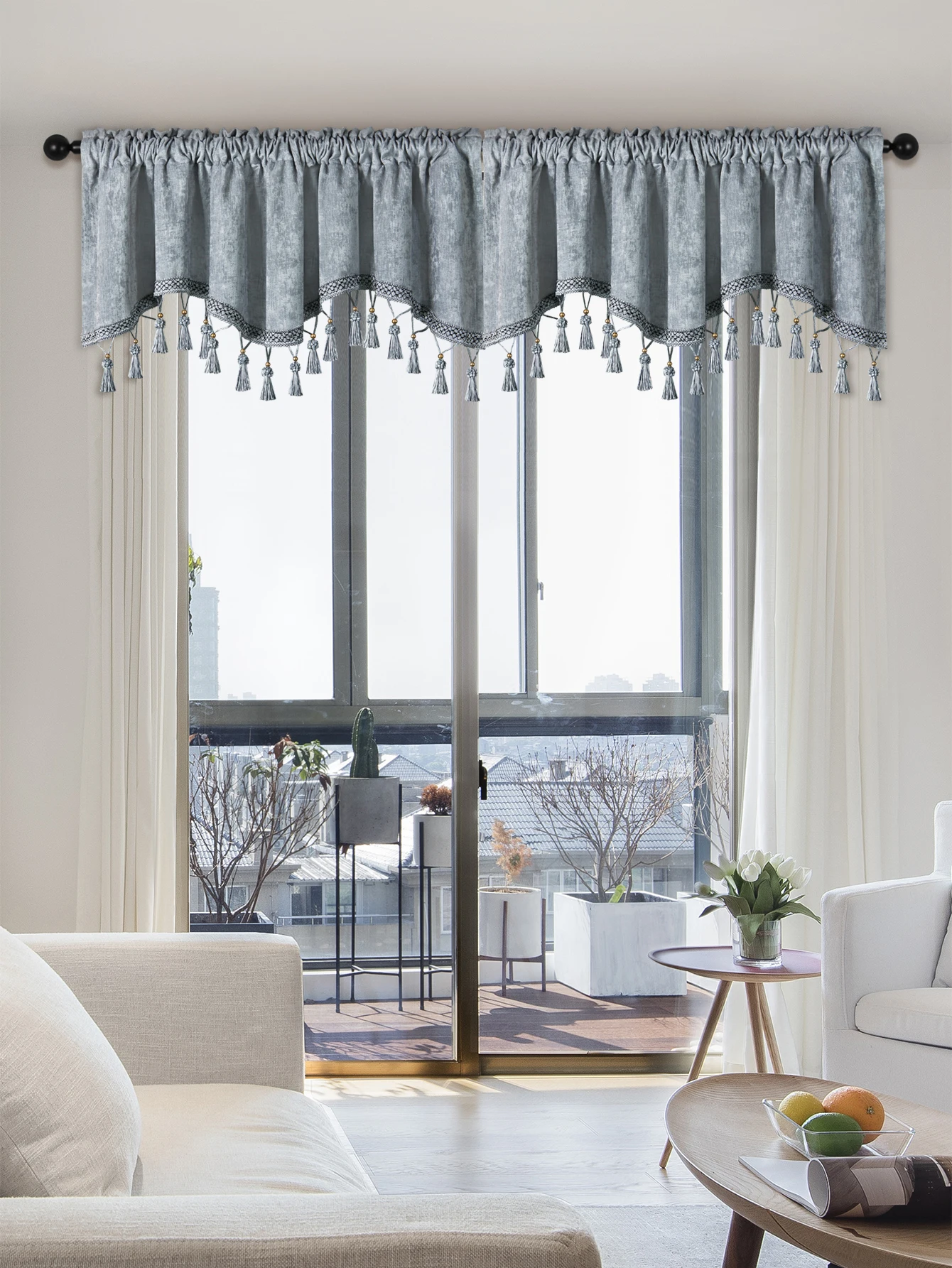 1PC Simple European Style Window Curtain Valance for Living Room，Rod Pocket，S-shaped  Valance with Tassels for Window Decor
