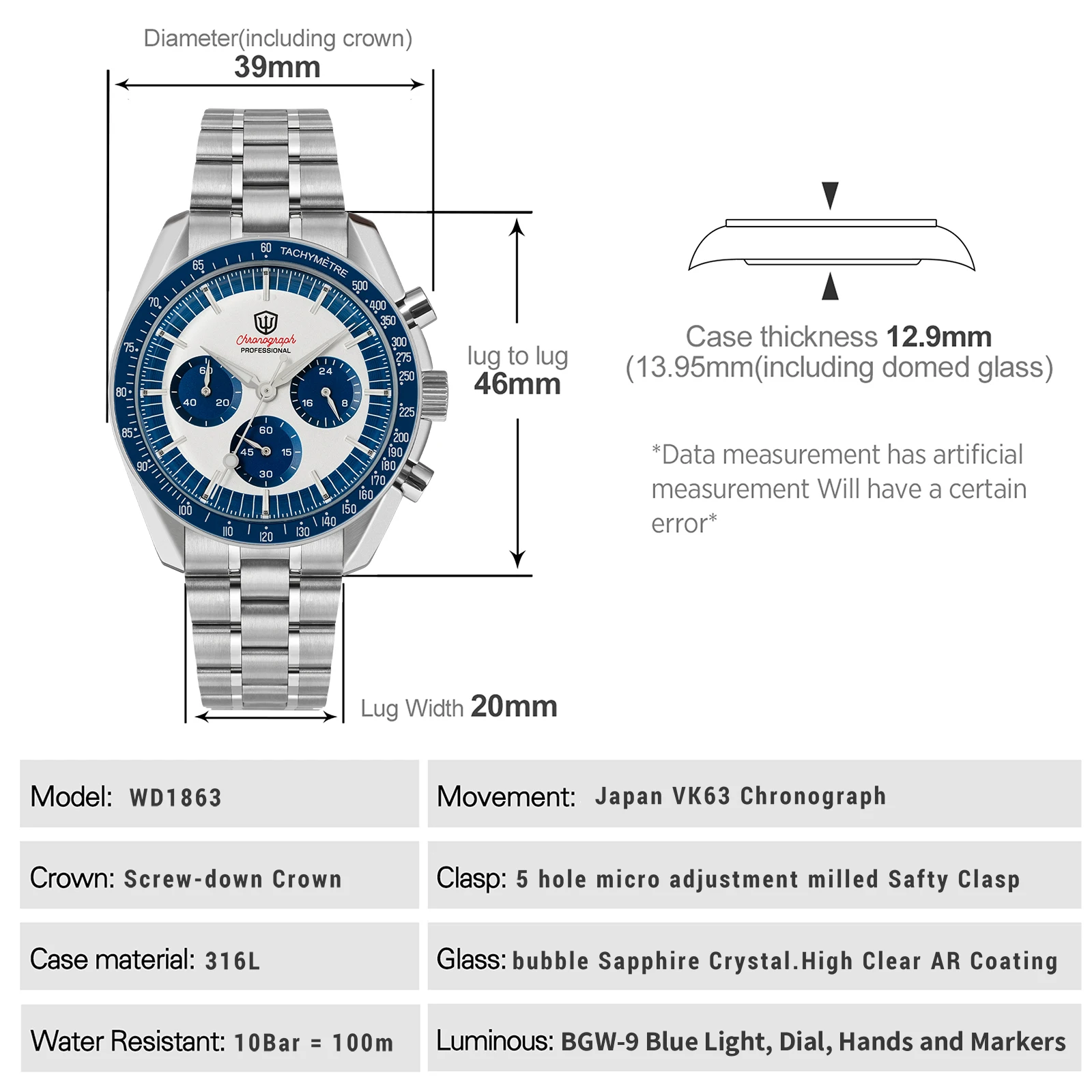 Watchdives ใหม่ WD1863 ควอตซ์นาฬิกา VK63 Chronograph Bubble Sapphire คริสตัลกันน้ํา 39 มม.นาฬิกา Vintage