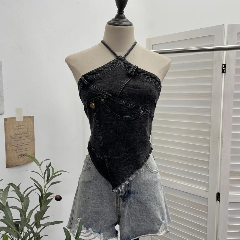 Summer Women's Denim Halter Strapless Top American Casual Fashion Spicy Girl Washed Patchwork Irregular Fringed Camisole