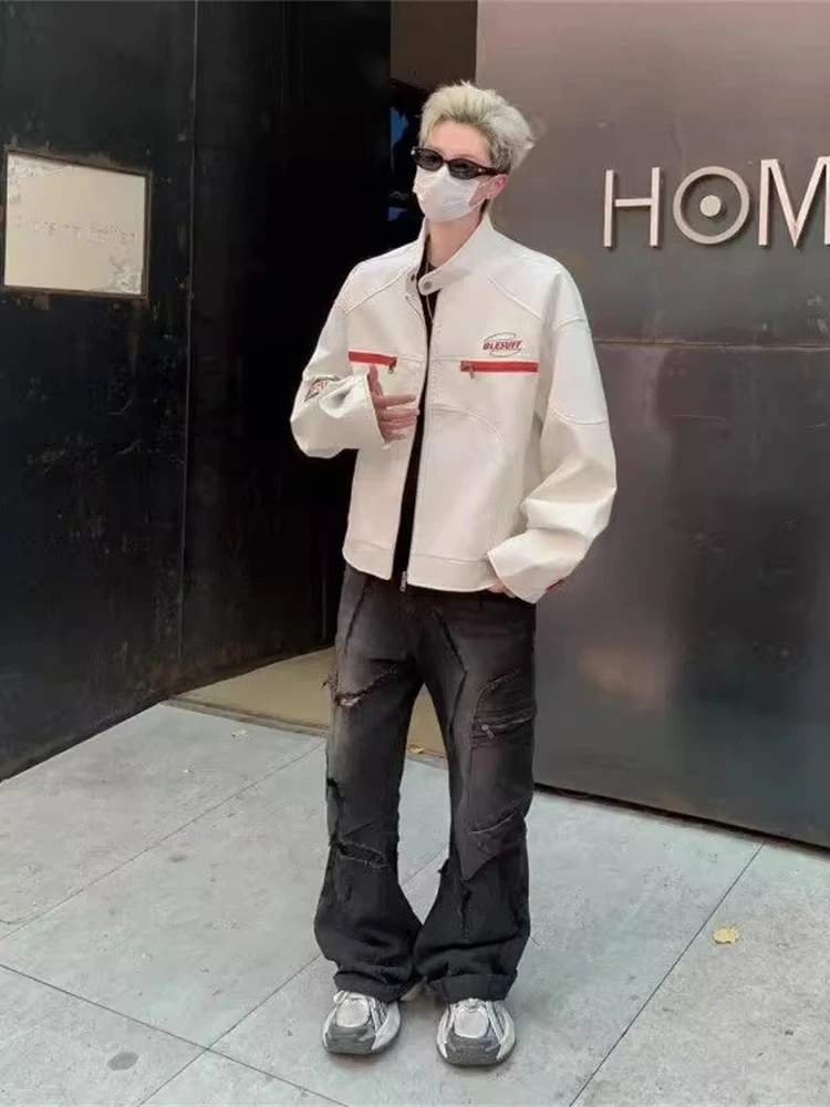 

American High Street PU Leather Jaet Men's Spring Autumn ort Stand Collar Windproof Motorcycle Clothes High Sensation Coo...