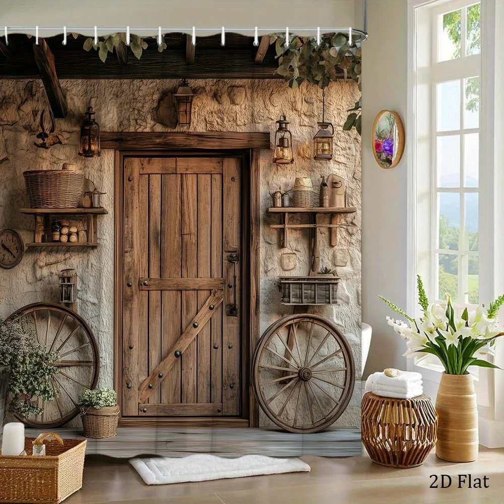 1pc Rustic Farmhouse Shower Curtain, Vintage Wooden Wheel, Barn Door, and Lantern Design, Pastoral Style Art Pattern, Suitable f