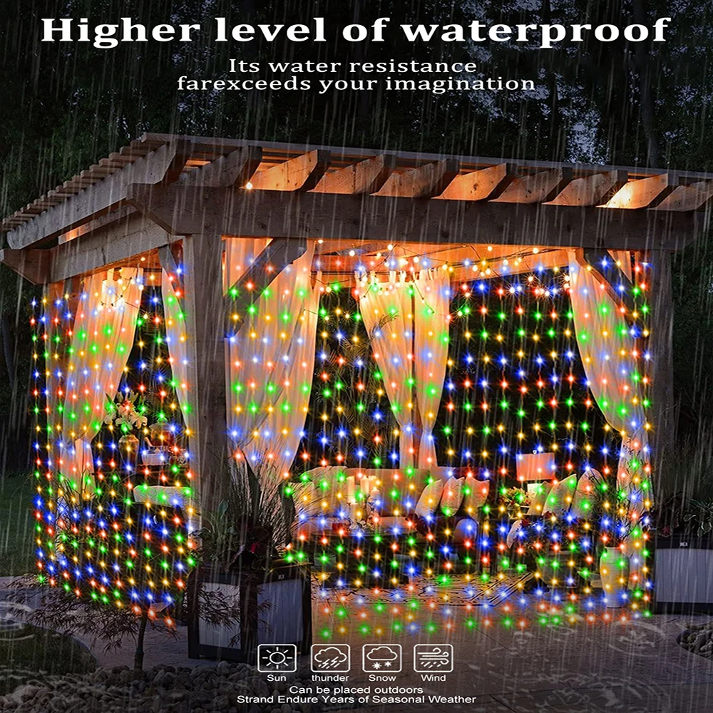 Solar Curtain String Lights 8 Lighting Modes 300Leds Outdoor Garden Yard Decoration Fairy Lights Christmas Holiday Lighting