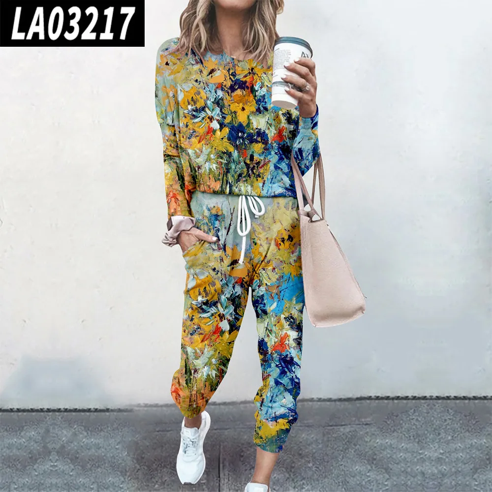 

Harajuku Spring Autumn Women Floral Print Pullover Casual Long Sleeve Sweatshirt And Pant Streetwear