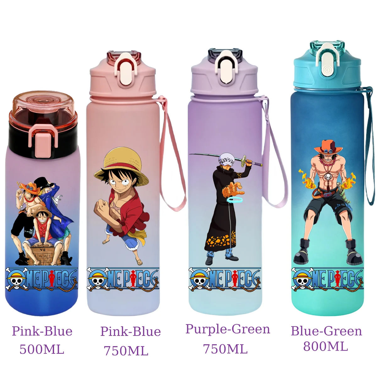 Botella de agua de 800ML/750ML/500ML de ONE PIECE con diseño de Monkey D. Luffy y Zoro, botella con pajita, tapa abatible, vaso de plástico, regalos.