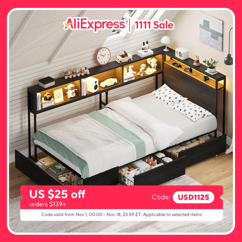 44.8*81inch Single/Double Bed with 3 Storage Drawers, LED Bookshelf Headboard with Charging, Metal Platform Corner Bed Frame In Queen Size, Ample Storage Space, Black
