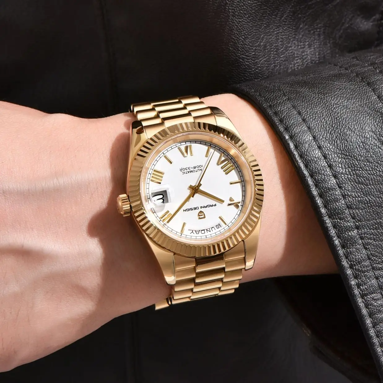 PAGANI DESIGN DD36 Gold White Automatic Men AR Sapphire Glass Date Week thumbnail 3