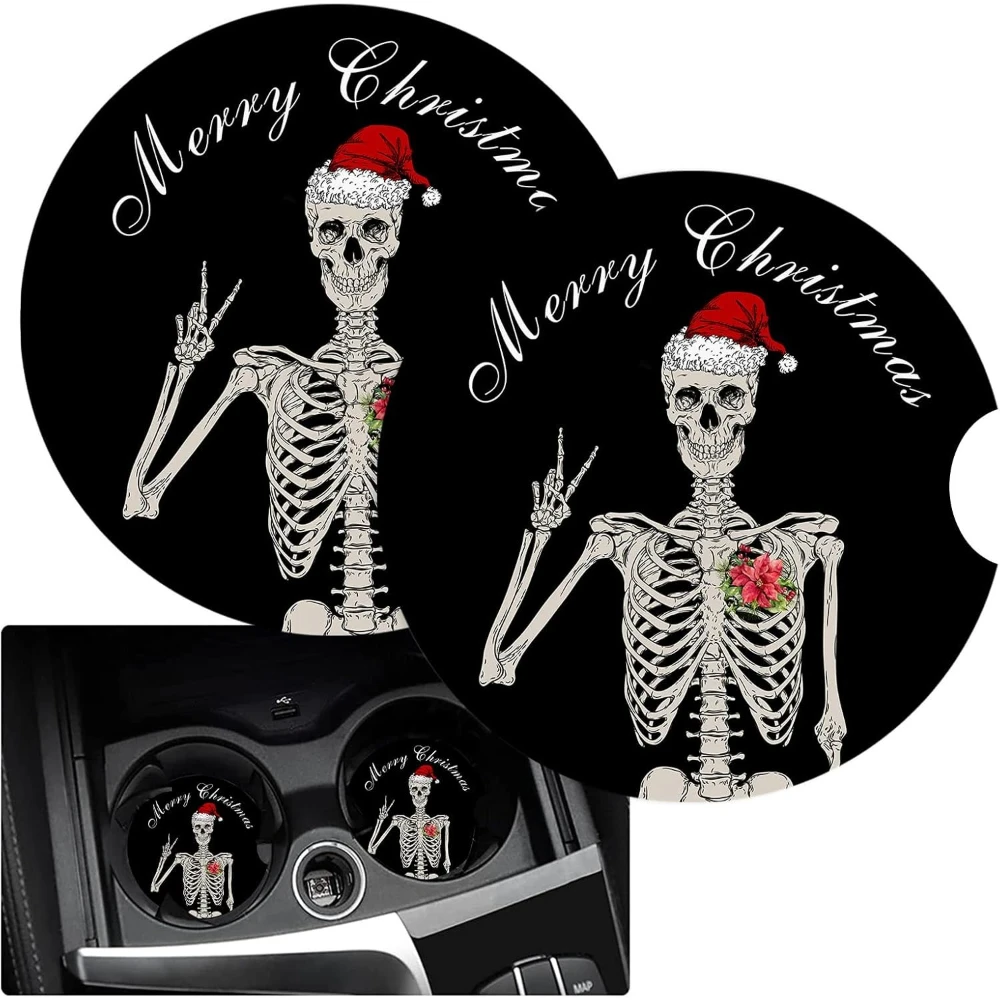 قبعة عيد الميلاد المضحكة، حاملات أكواب هيكل جمجمة، قواعد أكواب للسيارة للنساء/الرجال - عبوة من قواعد أكواب المشروبات المصنوعة من حجر السيراميك الماص