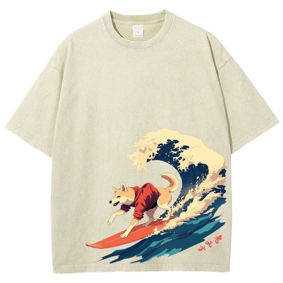 

Japanese Style Cartoon Puppy Wave Print Women's T-Shirt Loose Oversized Wash Denim Short Sleeve 2024 Summer Fashion Design Top
