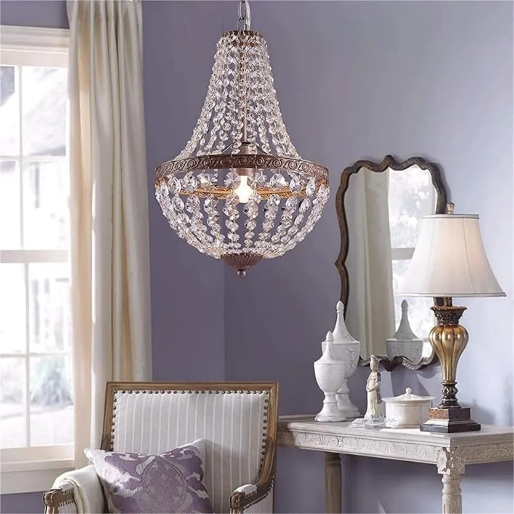 Vintage Ironwork Crystal Pendant Lights Restaurant φ30cmPendant Light Dining Table Lamp Hanging Round Cage for Bedroom Hallway