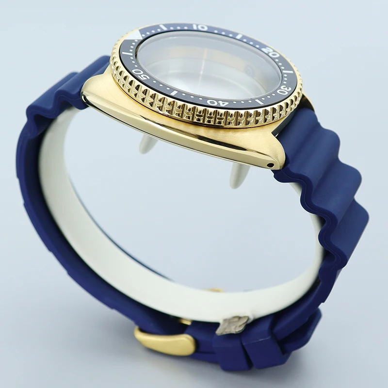 Gold 45mm 007/009 Watche Case blue Rubber Bracelet Sapphire Fit Tuna Turtle Seiko NH35 NH36/34 Movement chapter Ring 28.5mm Dial