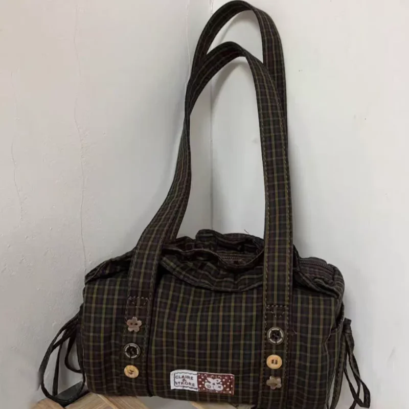 Korean Sweet Plaid Tote Bag Vintage Preppy Women's Shoulder Bag With Wooden Button ＆ Floral Decor Casual Commuting Underarm Bag