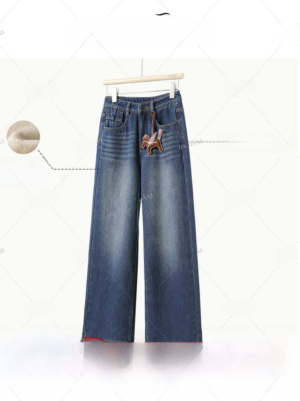 

Синие широкие джинсы на подкладке в стиле ретро, женские облегающие джинсы с высокой талией и прямым вырезом, кулон, сокровище, хлопковая джинсовая ткань