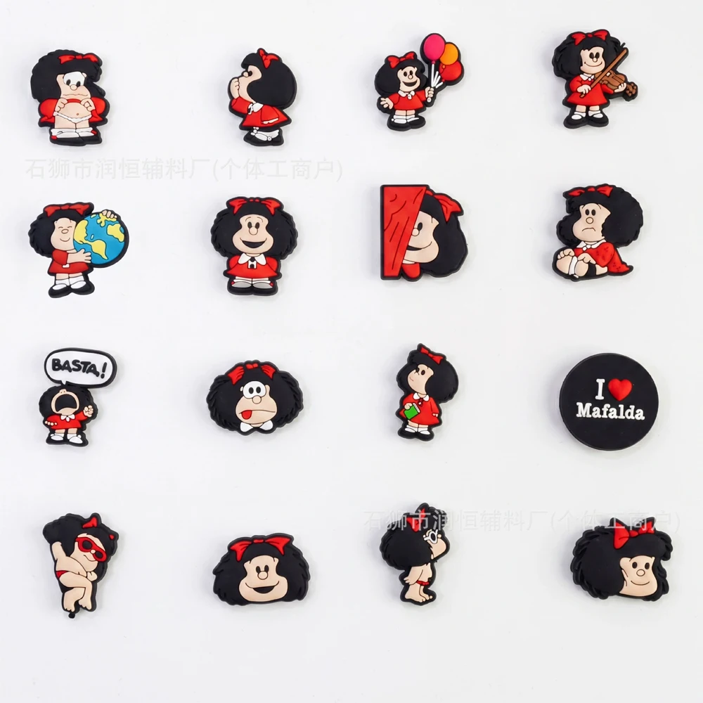 cartoon 4-16PCS Retro black haired little girl Shoe Charms Fantasy PVC Decor High-quality Detachable Waterproof For Party Gift