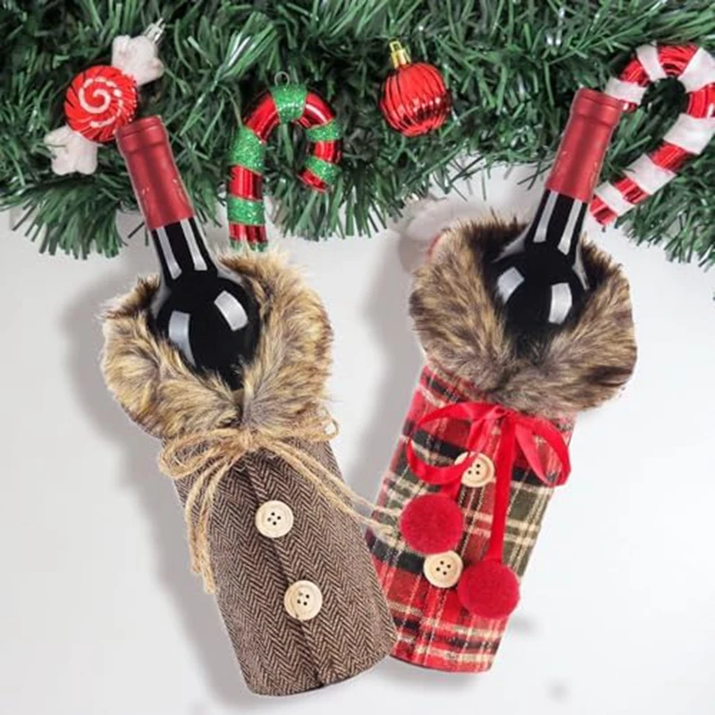 Christmas Wine Bottle Covers Decoration,Plaid Striped Santa-Snowman Wine Bottle Bag For Christmas Party Decoration 4 Pcs Durable