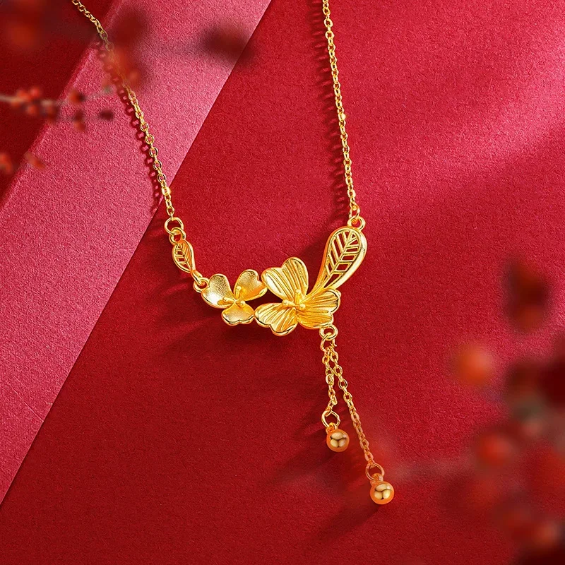 9999 Real Gold 24K New Chinese Wedding Bride Flower Blooming Edge Fixed Gold Raw Set Chain Gold Flower Leaf Necklace