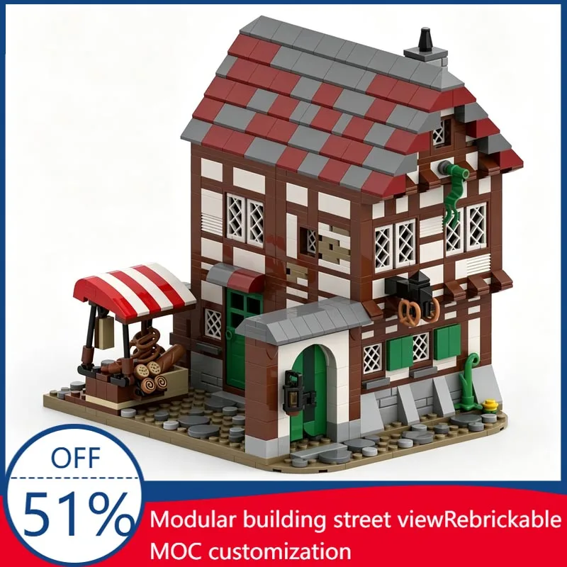

1300pcs MOC Medieval Architecture Bakery Modular Street View Building Blocks Model Custom Creative Assembly Educational Toy Gift