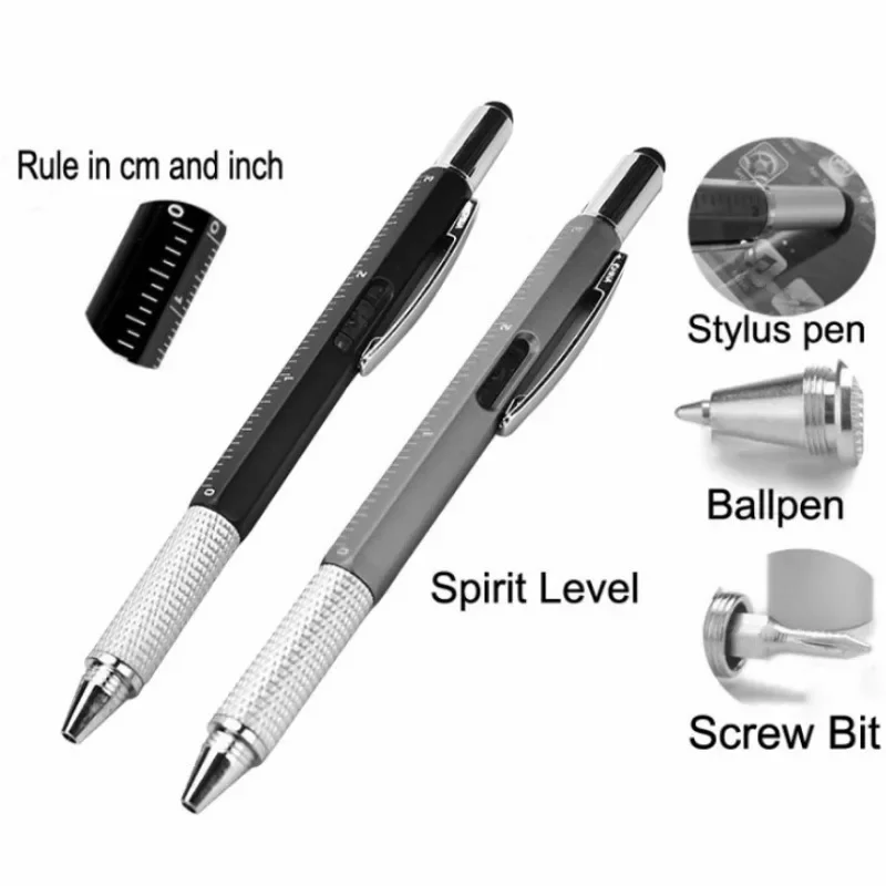 قلم حبر جاف متعدد الوظائف 7 in1 مع أداة قياس يدوية حديثة ومفك مسطرة تقنية وشاشة تعمل باللمس ومستوى الروح