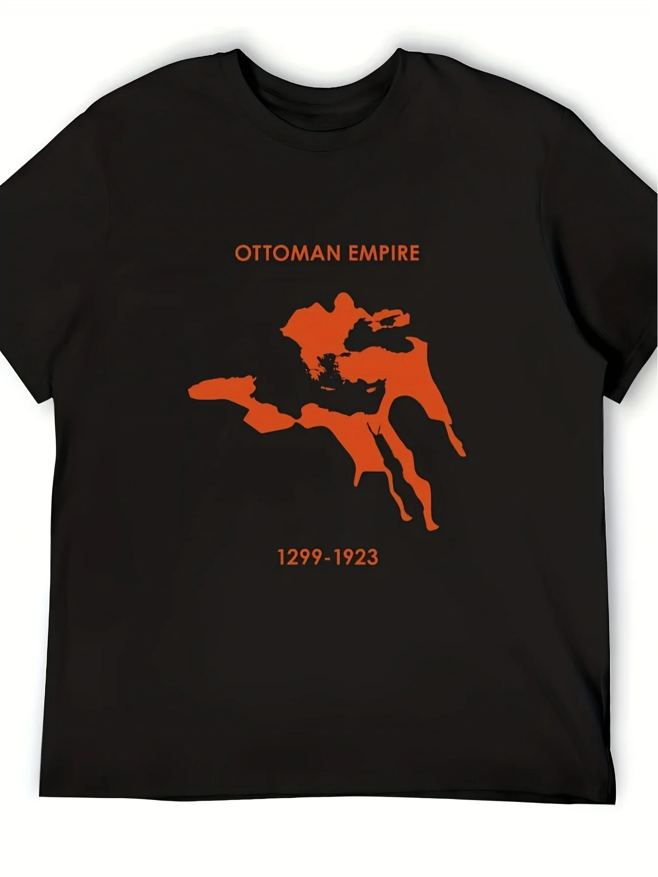 Men'S Ottoman Empire Theme T-Shirt Black with Orange Turkish Empire Map Print (Featuring Dates 1299-1922) Design