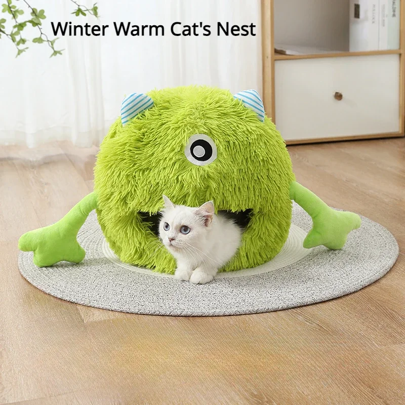 

New Product Pet Bed Winter Warm Cat's Nest Plush Monster Pet Villa Detachable Washable Semi Enclosed Cats Den Cartoon Pets House